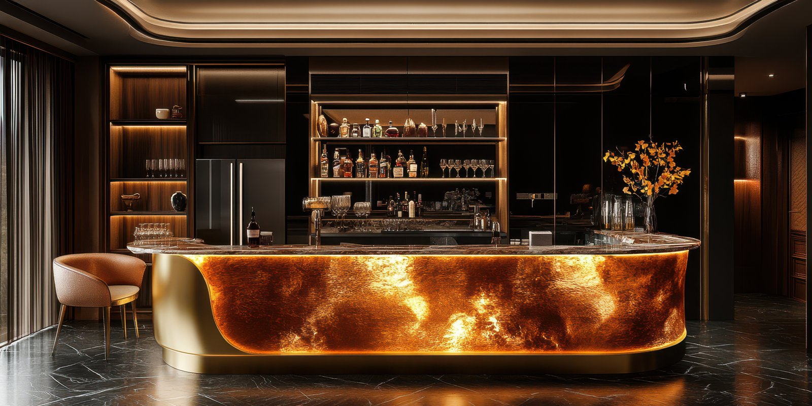 Luxurious bar interior featuring elegant design, gold accents, and a well-stocked liquor display in a modern setting